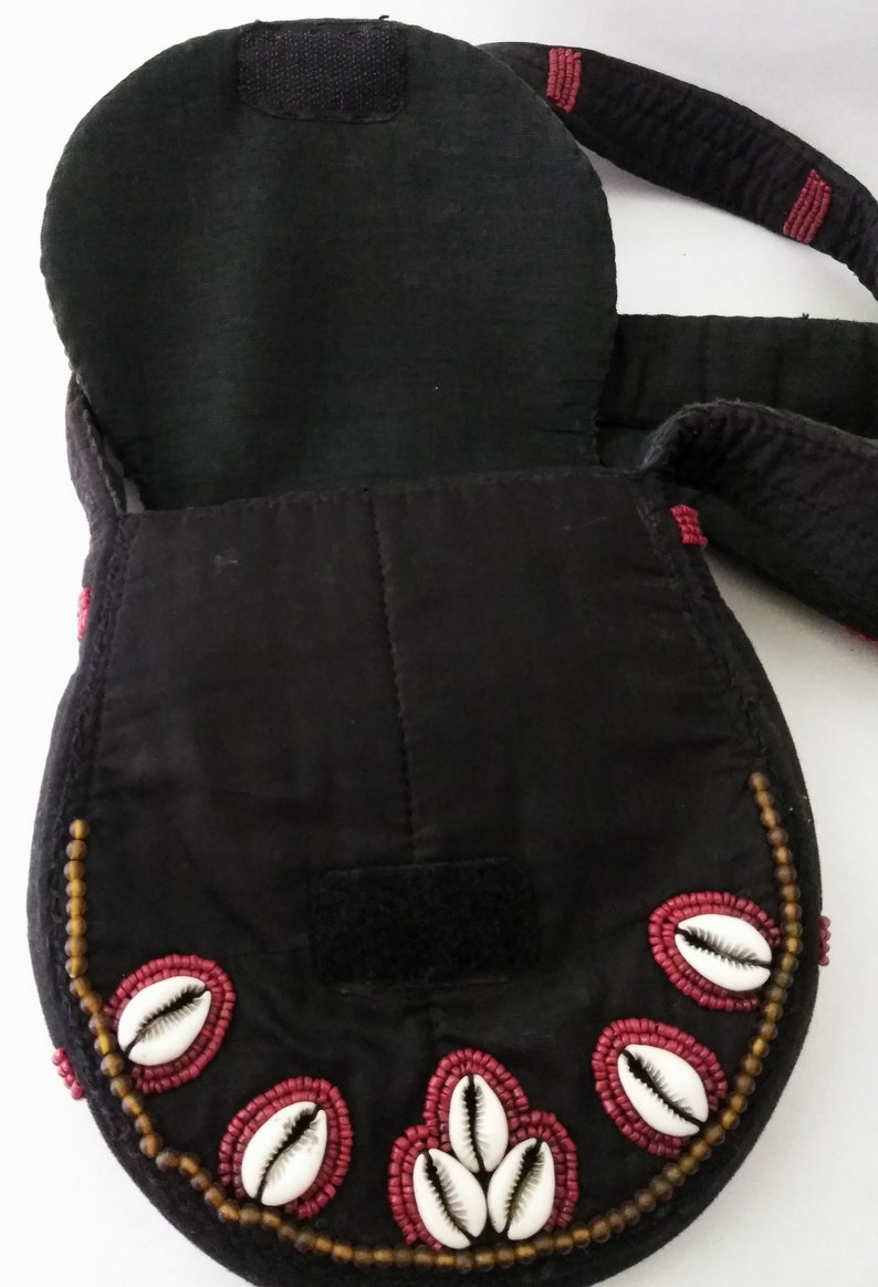 Black Fabric Purse Handbag Handmade Beaded Crossbody Bag Boho Purse Turquoise Cowrie Shell Red Bead Crossbody Shoulder Bag Handcrafted