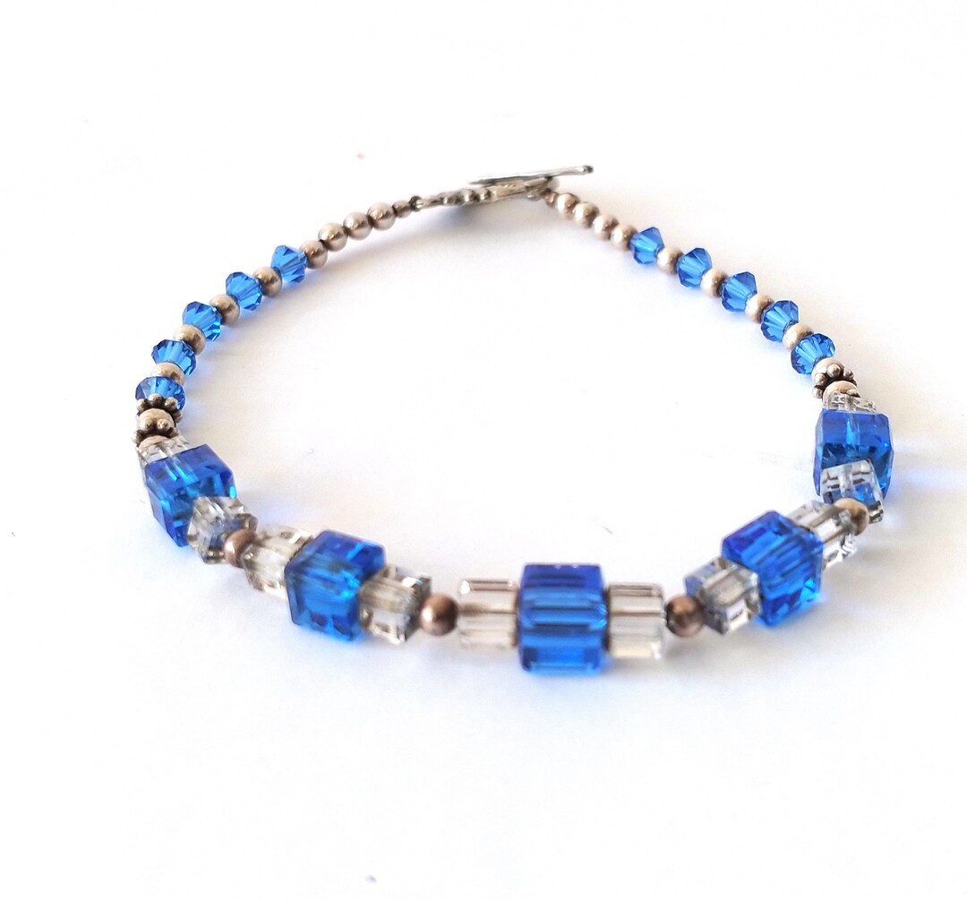 Vintage Blue Crystal Cube Bead Bracelet, Blue and Clear Crystal Cube Beads, Crystal and Silver