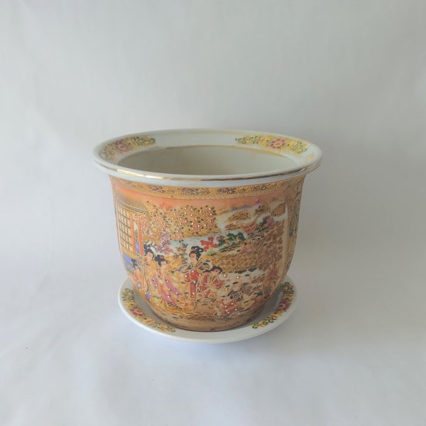 Vintage Royal Satsuma Hand Painted Geisha Planter with Catch Plate, Japanese Traditional Satsuma Ware, Bonsai Pot, Bonsai Planter