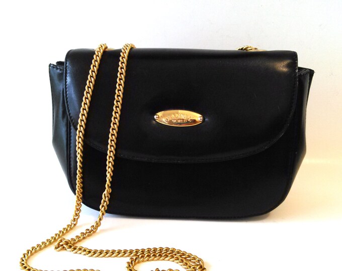 Vintage Kannel World Black Genuine Leather Crossbody Gold Chain Strap ...