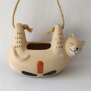 Large Southwest Ceramic Hanging Cat Planter 9" | Boho Art Pottery Succulent Pot | Cute Animal Jute Rope Plant Hanger | Indoor Garden Decor