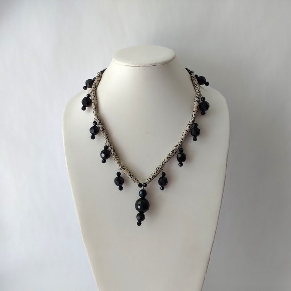 Dalmation Jasper Bead Black Onyx Multi Charm Necklace, Semi Precious Stone Bead Statement Necklace