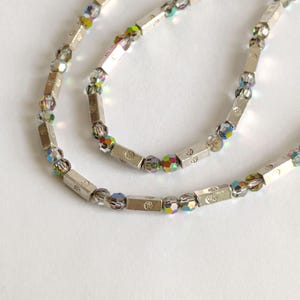925 Sterling Silver Bar Link Crystal Bead Necklace, Sterling Silver Floral Bead Necklace, Hand Stamped Silver Bead Necklace