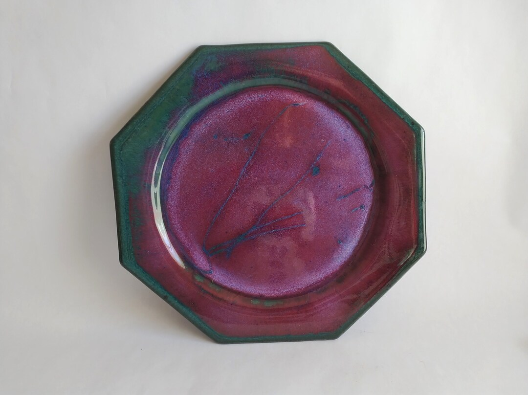Potters Brown Purple and Green Drip Glass Candle Plate, Art Pottery