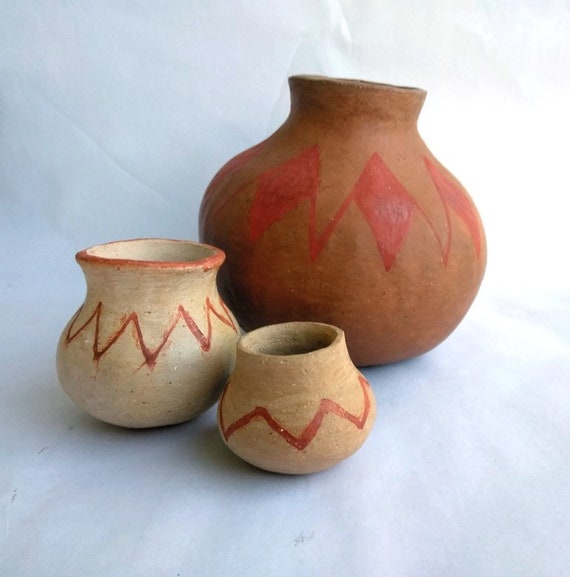 3 Southwest Hand Throw Round Clay Vases Southwestern Vases Etsy