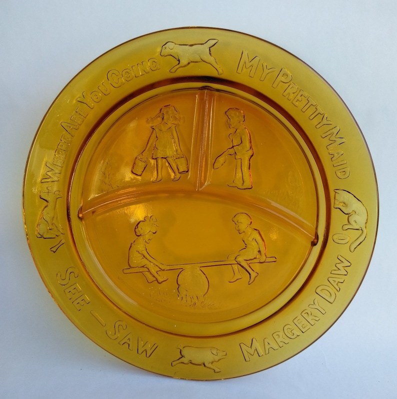 and Mug Tiara Exclusive Amber Glass Nursery Rhyme Children/'s 3 Piece Dinnerware Set Divided Plate Indiana Glass USA Bowl