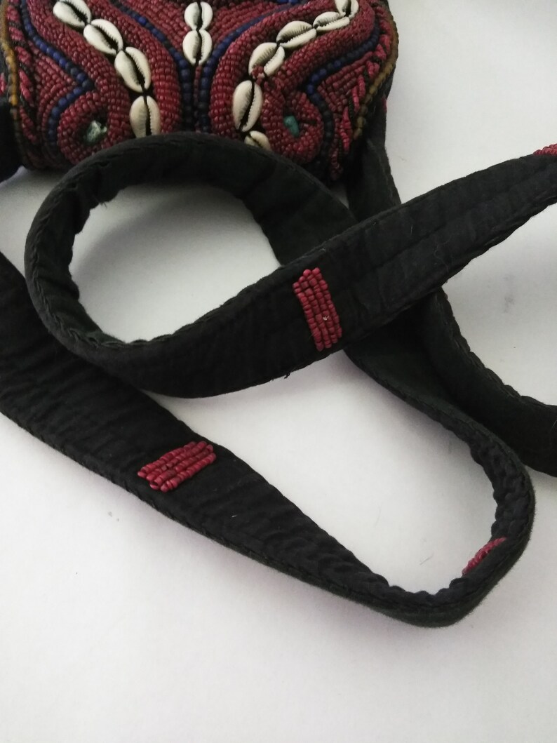 Black Fabric Purse Handbag Handmade Beaded Crossbody Bag Boho Purse Turquoise Cowrie Shell Red Bead Crossbody Shoulder Bag Handcrafted