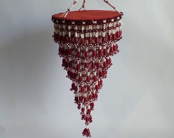 Vintage bohemian red and white glass beaded hanging tassel chandelier decor, beaded tiered, decorative wall hanging, boho home decor