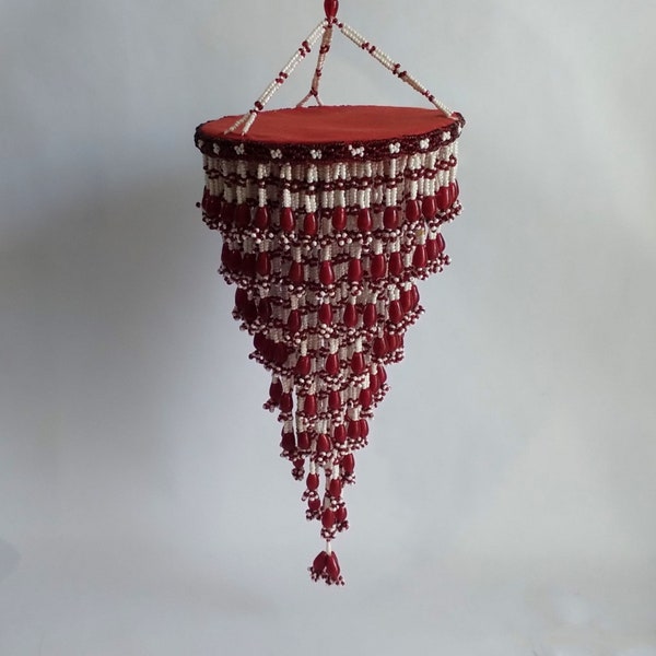 Vintage bohemian red and white glass beaded hanging tassel chandelier decor, beaded tiered, decorative wall hanging, boho home decor