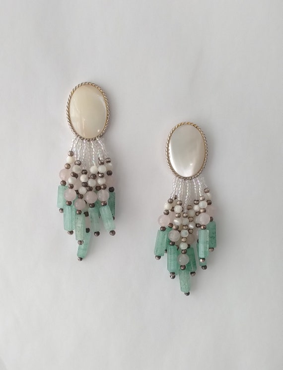 Vintage Mother of Pearl Rose Quartz Tassel Clip On