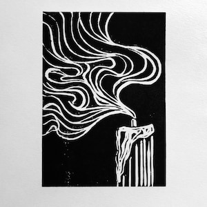 May include: A black and white linocut print of a candle with smoke rising from the wick. The smoke is depicted as a series of swirling lines.