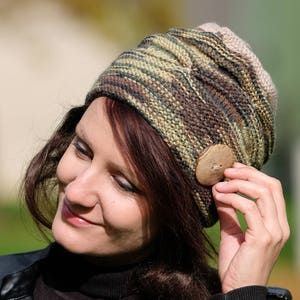 Hand knitted hat with button, Brown green knitted hat, Knitted wool women Beanie, Ladies beanie, Winter wool hat image 1