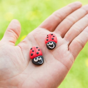 May include: Two red and black ladybug figurines with white eyes and smiling mouths, held in an open hand against a green background.