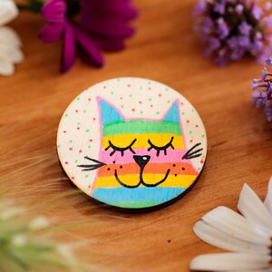 Cat pin, Wooden cat brooch, Wooden badge, Cute cat pin, Cat lover gift, Handmade pin, Cat gift, Rainbow, Animal gift