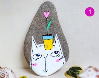 Cat pebble art, Decorated stone-cat, Handpainted pebble, Gift for cat lover, Home decor, Cat present, Cat gift, Painted stone