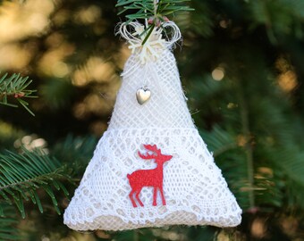 Christmas tree ornament, Christmas bell with reindeer, Christmas tree decoration, Tree reindeer ornament, Handmade decor, Burlap decoration