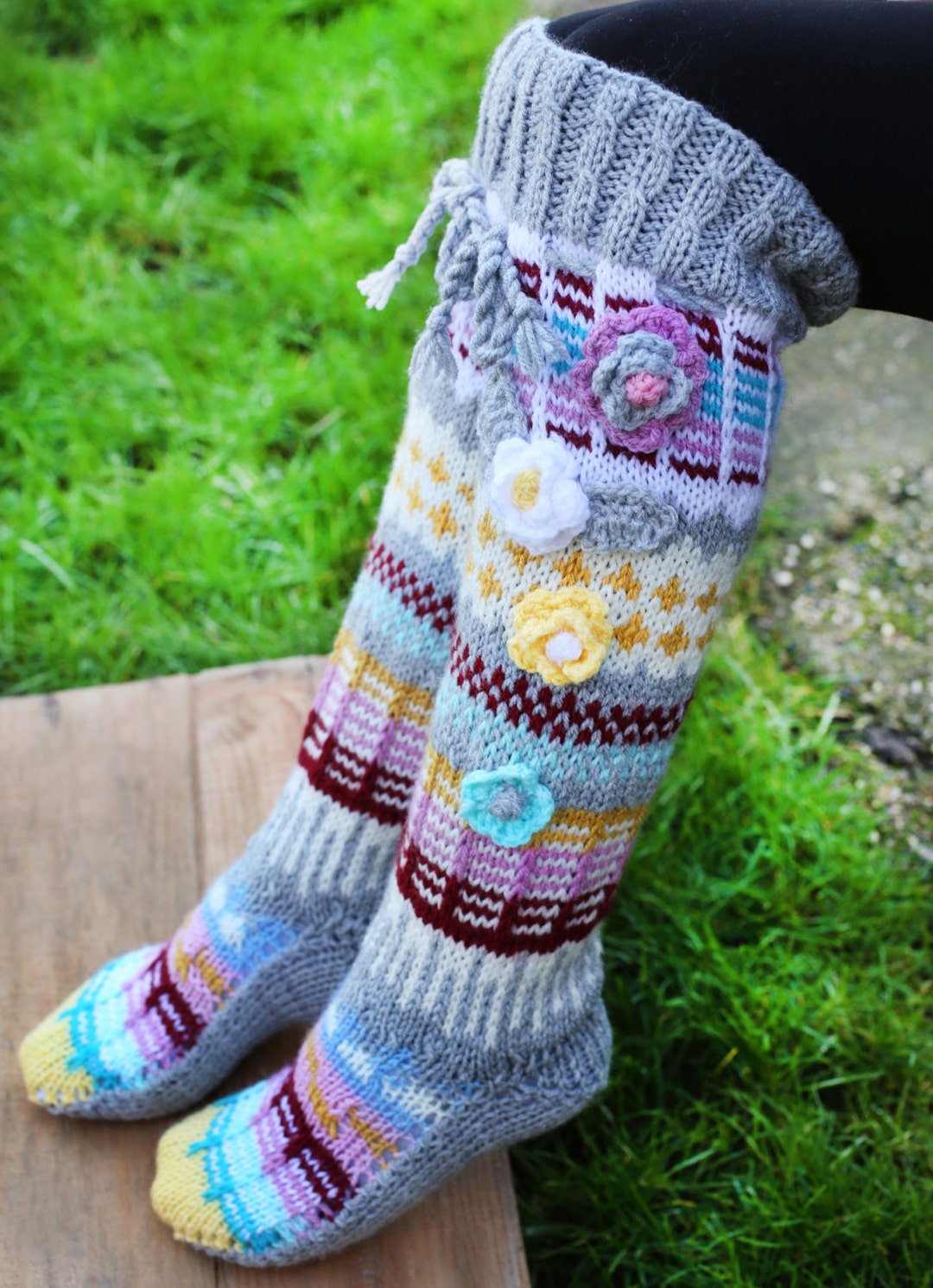 Thigh High Wool & Acrylic Yarn Socks, Hand Knitted Socks, Over the Knee