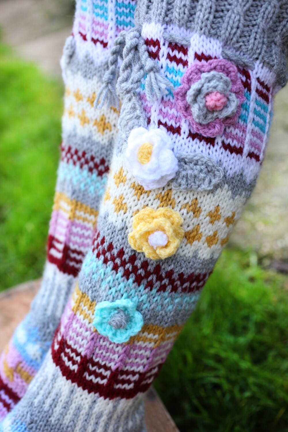 Thigh High Wool & Acrylic Yarn Socks Hand Knitted Socks Over Etsy