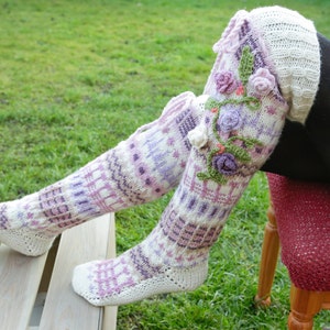 Pastel Thigh High wool & acrylic yarn Socks, Hand knitted wool socks, Pastel handmade socks, Over the knee socks, Unique womens socks pastel image 1