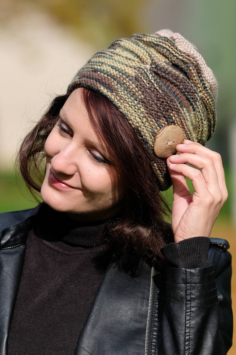 Hand knitted hat with button, Brown green knitted hat, Knitted wool women Beanie, Ladies beanie, Winter wool hat image 1