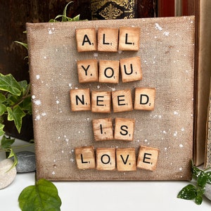 All you need is love picture, Scrabble wooden picture, Romantic scrabble wall picture, Hanging picture