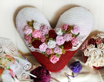 Valentines heart wool pillow, Romantic cushion knitted heart with roses, Wool big heart, Red heart soft cushion