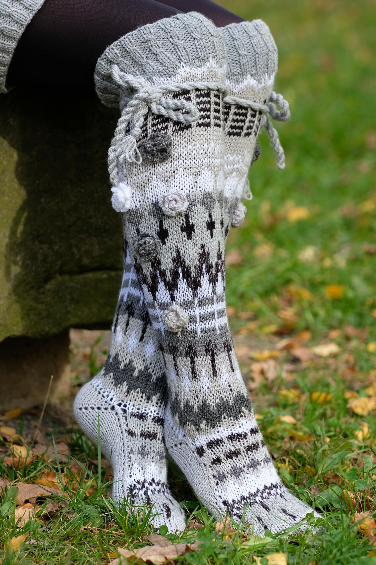 Thigh High Wool & Acrylic Yarn Socks Hand Knitted Socks Over Etsy