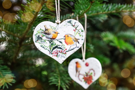 Set of 6 Christmas Ornaments, Wooden Heart Ornaments, Robin Christmas  Decoration, Handmade Wooden Christmas Ornaments 