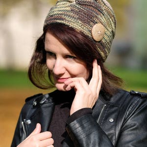 Hand knitted hat with button, Brown green knitted hat, Knitted wool women Beanie, Ladies beanie, Winter wool hat image 2