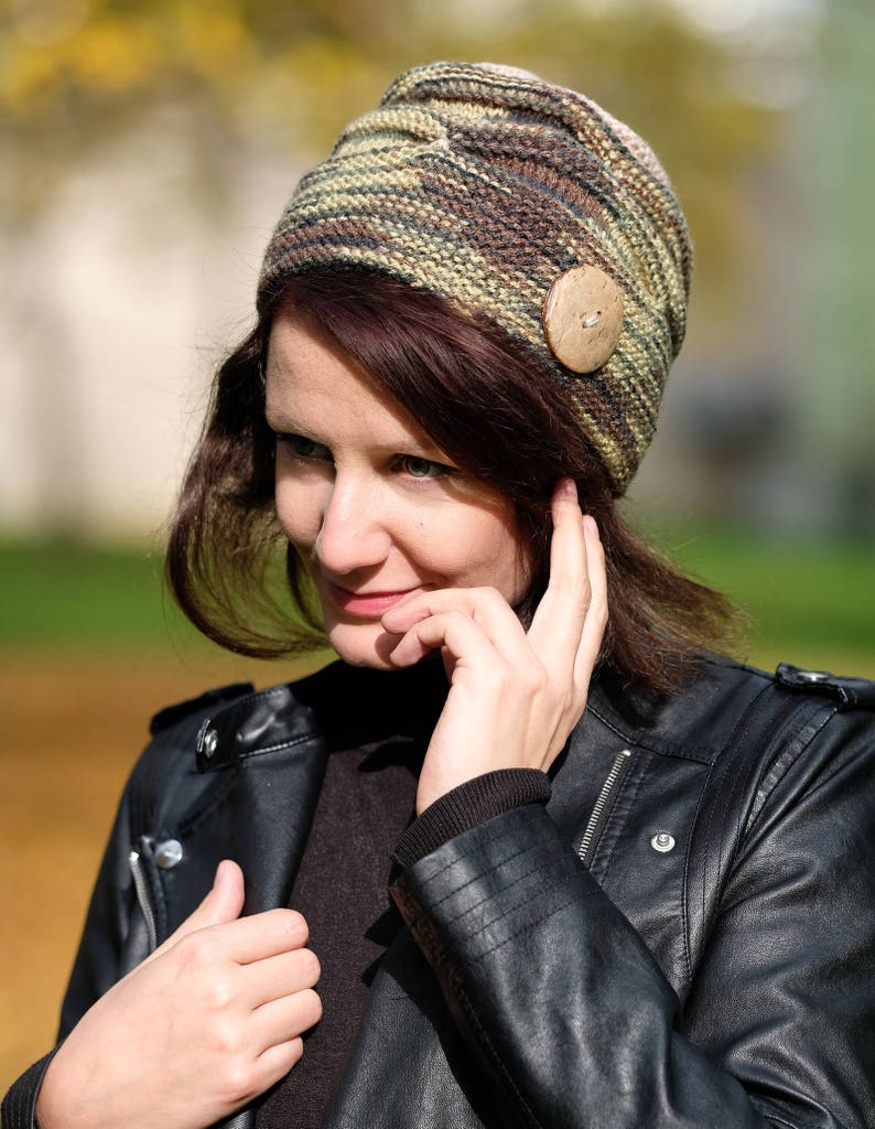 Hand knitted hat with button, Brown green knitted hat, Knitted wool women Beanie, Ladies beanie, Winter wool hat image 2