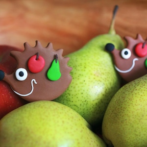Könnte beinhalten: Ein Stillleben mit einem roten Apfel, grünen Birnen und skurrilen Igel-Keksen. Die Kekse sind braun mit roten Apfel- und grünen Birnen-Akzenten und lächelnden Gesichtern. Die Birnen sind grün und gelb.
