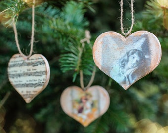 Set of 6 Christmas ornaments, Wooden heart ornaments, Vintage Christmas decoration, Handmade wooden Christmas ornaments