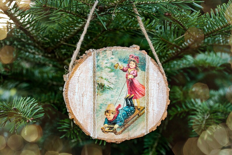 Weihnachten Holzdekoration, Weihnachtsschmuck, Vintage Weihnachten, Holzschmuck, Wandbehang, Decoupage Ornament, Urlaub Ornament Bild 3
