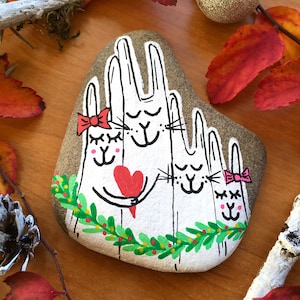 Hand painted stone, Bunny family painted stone, Paperweight, Rock art, Unique gift, Romantic stone