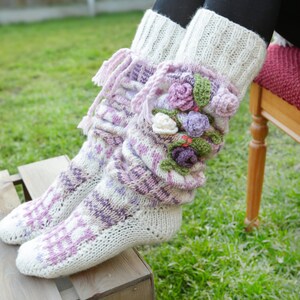 Pastel Thigh High wool & acrylic yarn Socks, Hand knitted wool socks, Pastel handmade socks, Over the knee socks, Unique womens socks pastel image 4