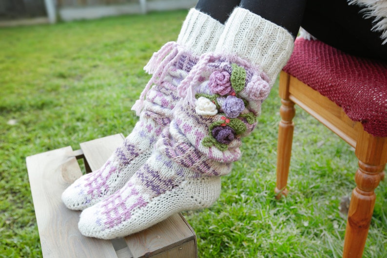 Pastel Thigh High wool & acrylic yarn Socks, Hand knitted wool socks, Pastel handmade socks, Over the knee socks, Unique womens socks pastel image 4