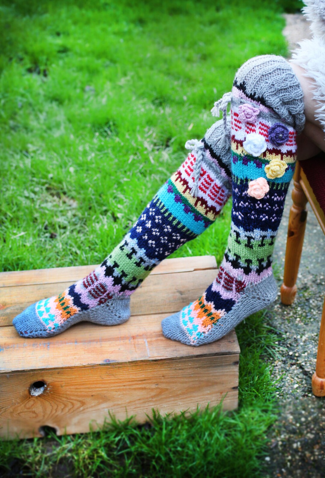 Thigh High Wool Socks, Hand Knitted Socks, Colourful Handmade Socks