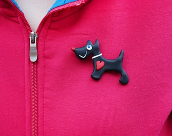 Dog Handmade brooch, Black dog with heart, Handmade anima pin, Animal pin, Scottie dog brooch, Scottish terrier brooch