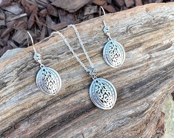 Vintage Sterling Silver Necklace & Earring Set, Ornate Beria Collection