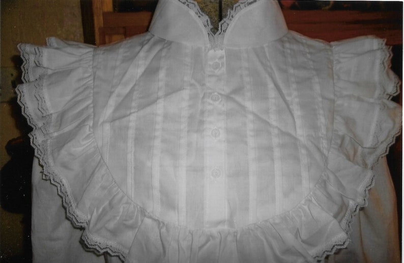 Victorian White Cotton Nightgown with Round Ruffled Bodice and Pin-tucks