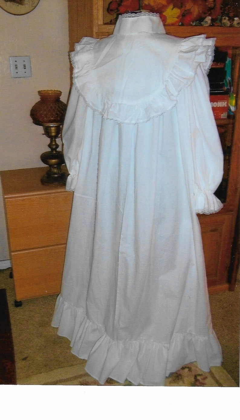 Victorian White Cotton Nightgown with Round Ruffled Bodice and Pin-tucks