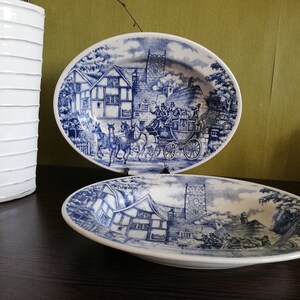 Oxford Blue Coach bowl , platter ,Blue and WhiteVintage ceramic dish,cottage decor dish.