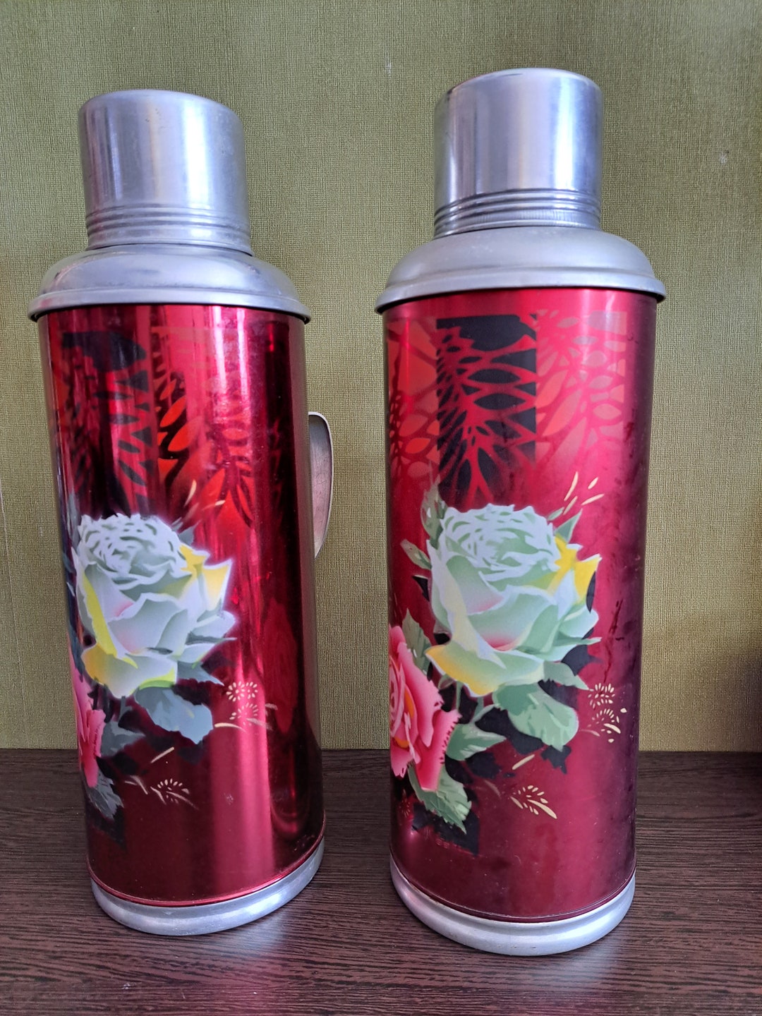 Vintage Aluminum Thermos golden Dragon Made in China, Old Travel