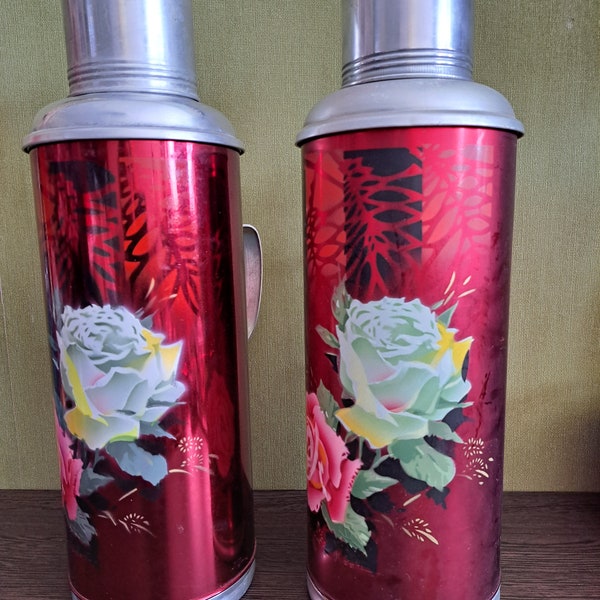 Vintage aluminum thermos, Old Chinese thermos, Vintage travel thermos, Kitchen decoration, Shabby chic decor, Camping metal thermos