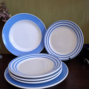 Vintage hecho a mano Ucrania Budi porcelana 2 platos de cena, 2 platos de ensalada anillos azules patrón platos de cerámica vajilla porcelana