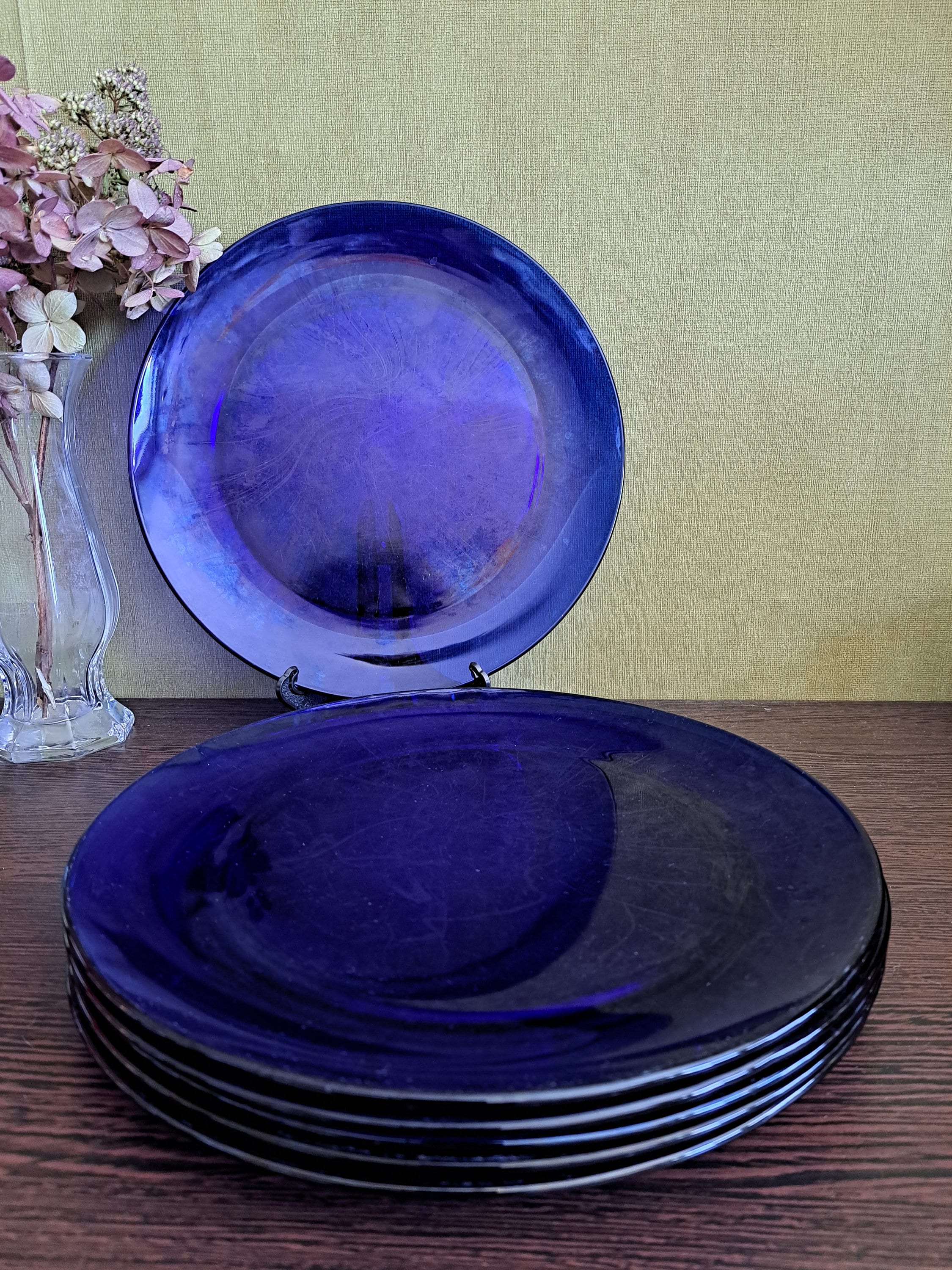 Cobalt Blue Blown Glass Dinner Plates, Blue Swirl Glass Dinnerware Set of 2