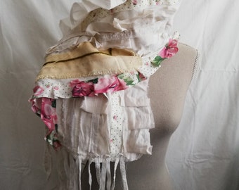 Rustic,tattered cotton scarf/shabby chic/country chic/handmade,lace white scarf,endladesign,free size,ecofriendly,