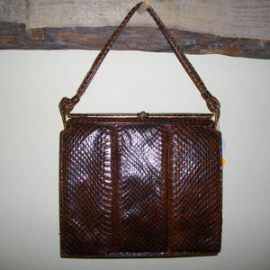Brunt ormskinnsskönhet/ vintage 50-talsväska/ unik elegant handväska/ romantisk handväska/ två handtag