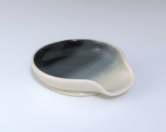 Ceramic Spoon Rest, Ombré Gray, Black and White Porcelain Spoon Holder, Wheel Thrown Pottery Spoon Rest