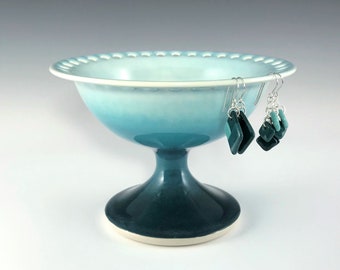 Porcelain Earring Pedestal, Ceramic Earring Holder, Large Teal Pottery Jewelry Holder, Aqua Earring Bowl